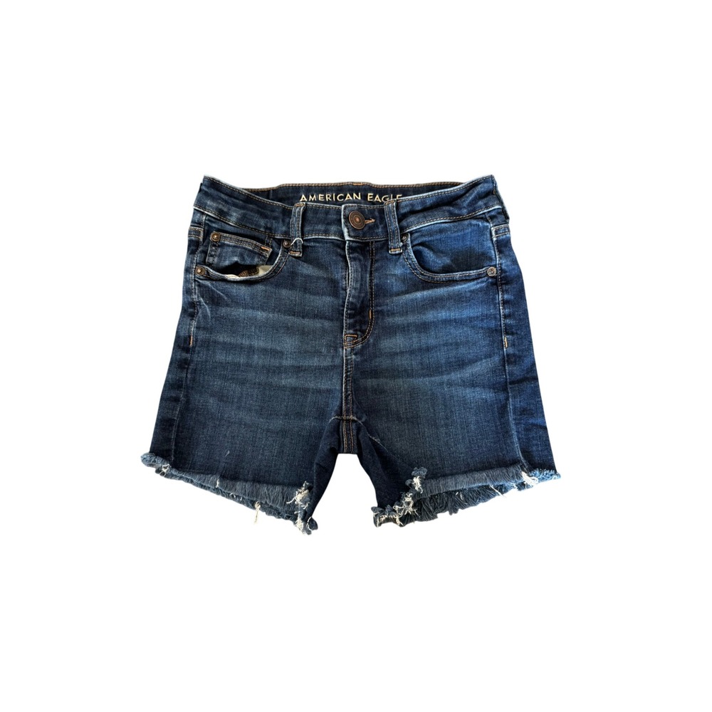 American Eagle Dark Wash High Waisted Ne(x)t Level Stretch Raw Hem Shorts SZ 2